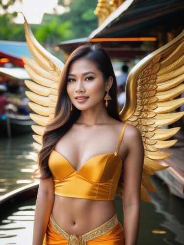 Thai Sexy Angel Woman with Temple Gold Wings