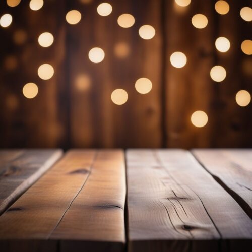 Rustic Wooden Table with Soft Bokeh Light Background