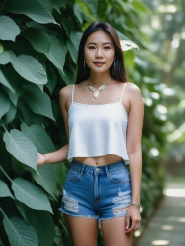 Asian Woman in White Crop Top and Denim Shorts