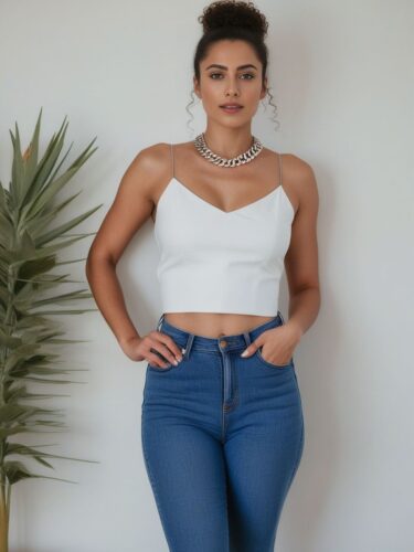 Mediterranean Woman in White Crop Top and Blue Jeans
