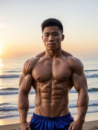 Young East Asian Male Bodybuilder Doing Bicep Curls with Sunset Backdrop