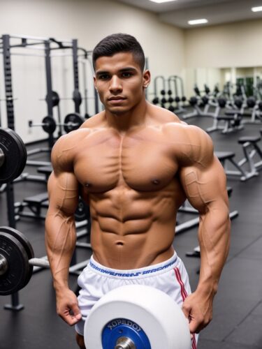 Young Hispanic Bodybuilder in Gym