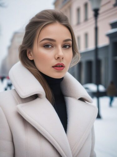 Sophisticated Winter Fashion on a Snowy Street