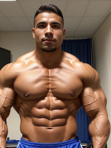 Hispanic Male Bodybuilder in Training Room