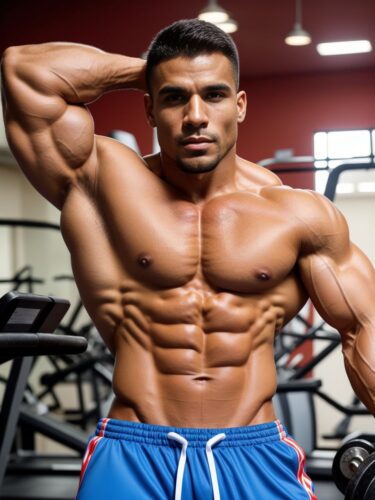 Muscular Hispanic Man in Gym Showing Off Abs