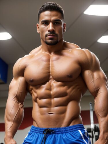 Muscular Hispanic Man in Gym Showing Off Abs