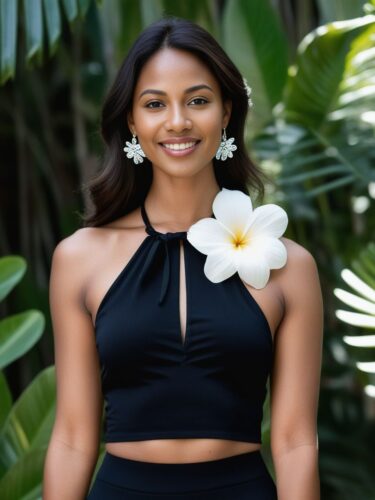 Dainty Woman in Black Halter Top with White Flower Accessory