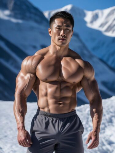 East Asian Bodybuilder in Snowy Mountain Landscape