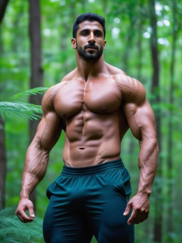 Middle-Eastern Male Bodybuilder in Lush Forest Clearing
