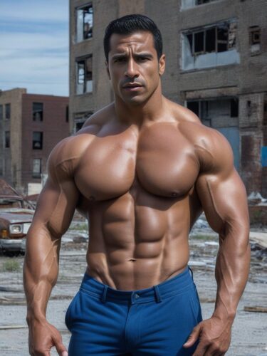 Muscular Hispanic Bodybuilder in Abandoned Urban Lot