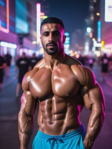 Middle-Eastern Bodybuilder on a Busy City Street at Night