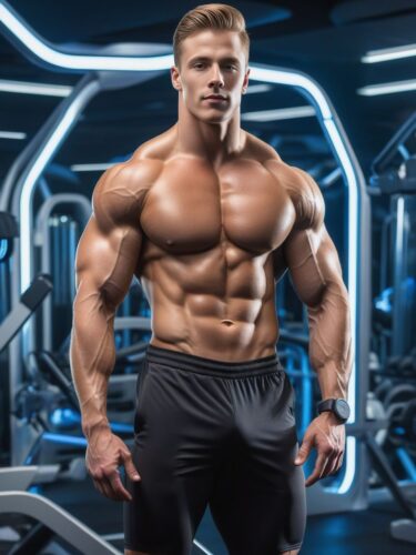 Young White Male Bodybuilder in Futuristic Gym