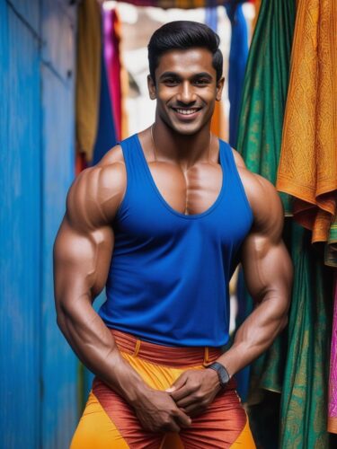 South Asian Bodybuilder in a Vibrant Bazaar