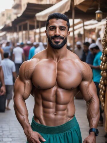 Middle-Eastern Bodybuilder in a Traditional Marketplace