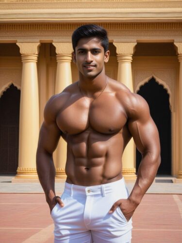 South Asian Bodybuilder in Front of Grand Palace