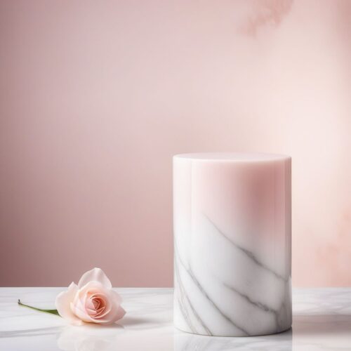 White Marble Pedestal with Blush Pink Silk Background