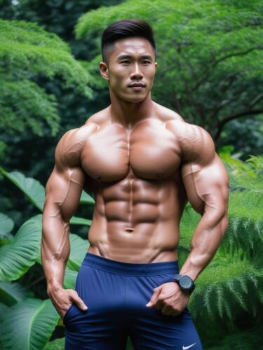 Young East Asian Bodybuilder in a Botanical Garden