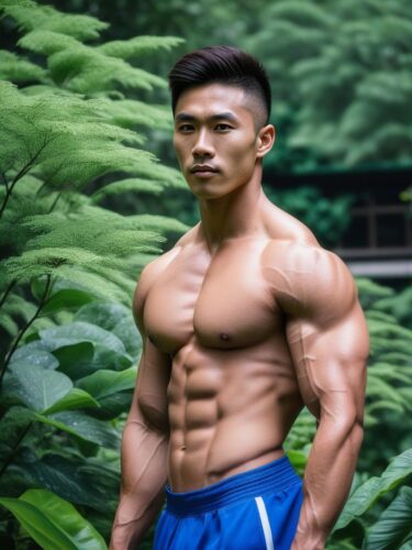 Young East Asian Bodybuilder in a Botanical Garden