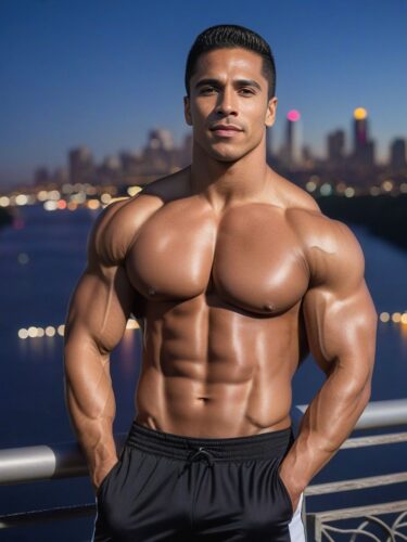 Hispanic Male Bodybuilder on a Bridge at Twilight