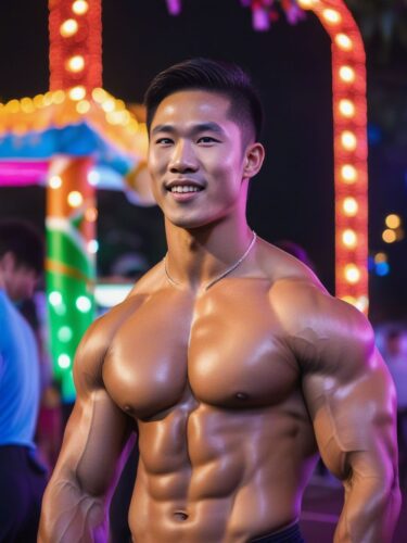 Young East Asian Bodybuilder at a Vibrant Carnival