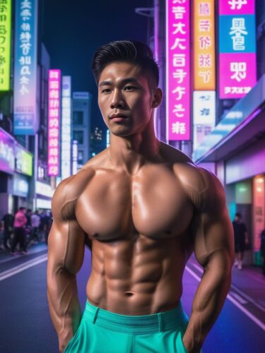 Young East Asian Bodybuilder in Neon-Lit Tokyo Street