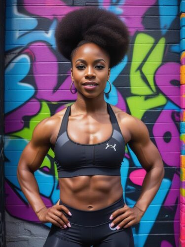 Young Black Female Bodybuilder in Urban Graffiti Alley