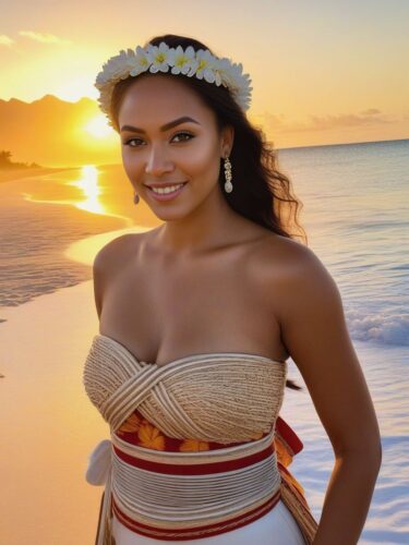 Polynesian Instagram Model on Pristine Beach at Sunrise