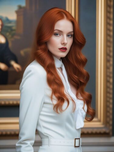 White Instagram Model with Striking Red Hair in a Classic European Art Museum