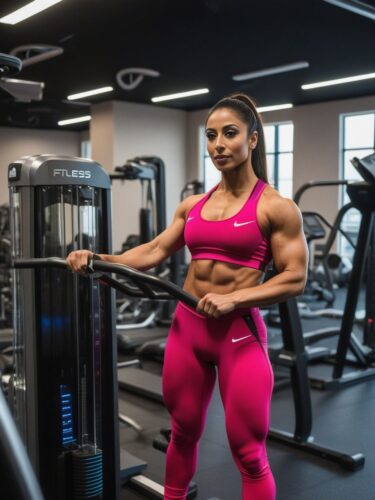 Middle-Eastern Female Bodybuilder in High-Tech Gym