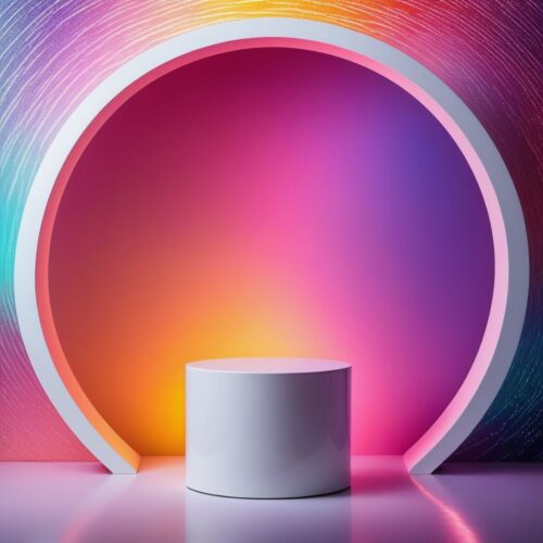 Bright White Pedestal with Colorful Abstract Light Patterns