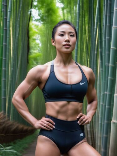 A Young East Asian Female Bodybuilder in a Peaceful Bamboo Forest