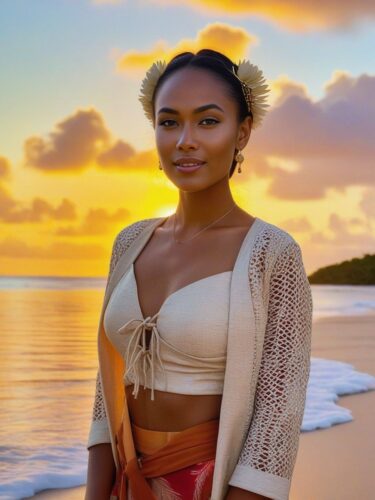 South Pacific Instagram Model on a Sandy Beach at Sunset