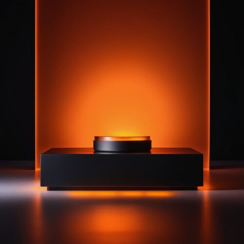 Matte Black Low Podium with Glowing Orange Light Background