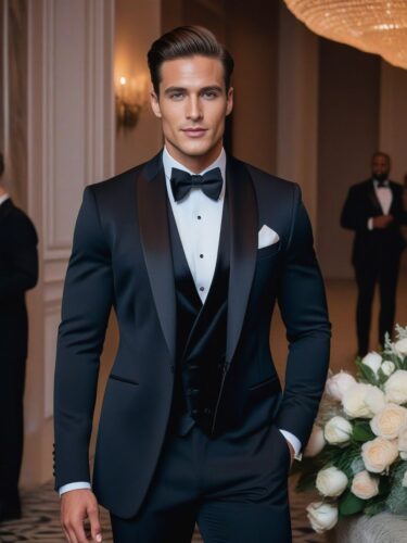 Handsome Male Instagram Model in Tailored Tuxedo at Luxurious Gala Event