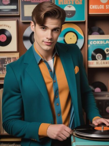 Handsome Male Instagram Model in Retro Look at Vintage Record Store