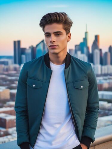 Modern Young Male Instagram Model in Urban Fashion with City Skyline