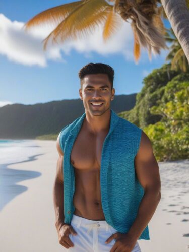 Polynesian Male Instagram Model on a Serene Pacific Island Beach