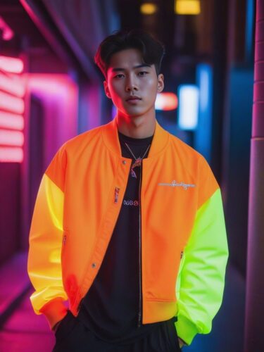 An East Asian Male Instagram Model in a Neon-Lit Urban Setting