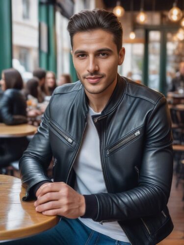 Balkan Male Instagram Model in Leather Jacket at Urban Café