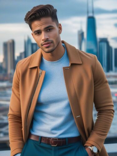 Handsome Mixed-Heritage Male Instagram Model in Trendy Outfit Against Modern City Skyline