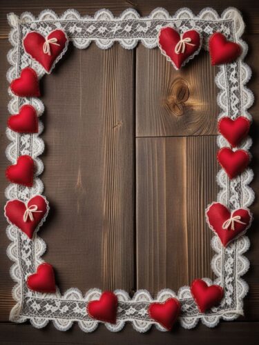 Rustic Barn Wood Background with Vintage Lace and Red Hearts
