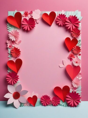 Whimsical Paper Craft Scene with 3D Paper Hearts and Flowers
