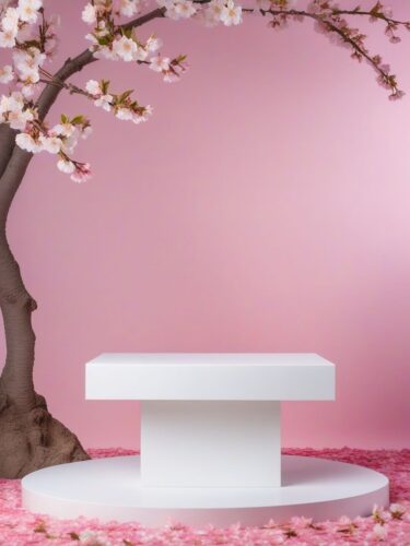 Romantic Cherry Blossom Scene with Blank Pedestal