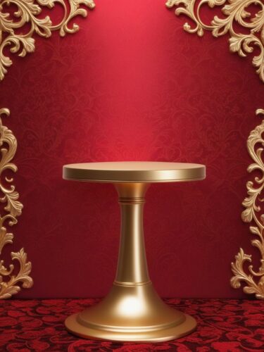 Luxurious Gold and Red Brocade Fabric Background with Blank Pedestal
