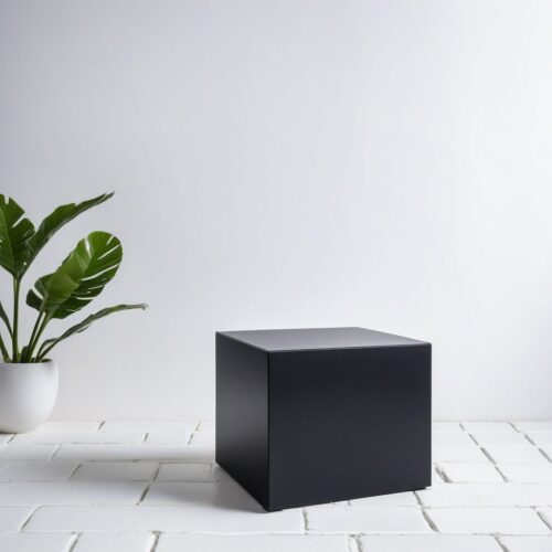 Minimalist Black Box Pedestal Against White Brick Wall