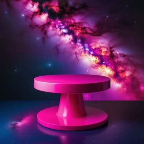 Neon Pink Pedestal Against Galaxy Print Backdrop