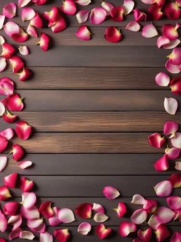 Rustic Wooden Table with Scattered Rose Petals