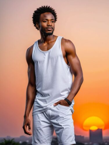 African American Man in White Tank Top Mockup at Sunset