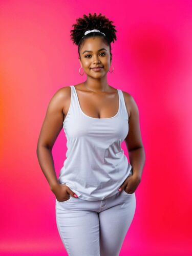 Proud Curves: African Woman in White Tank Top Mockup on Vibrant Gradient Background