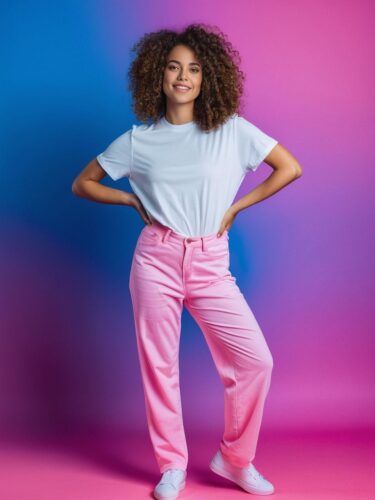 Curly Haired Woman in White T-Shirt on Vibrant Gradient Background